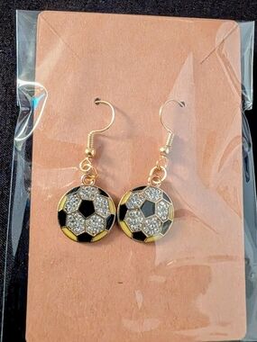 Hand Crafted Gold Black & Clear Crystal Soccer Ball Drop Earrings